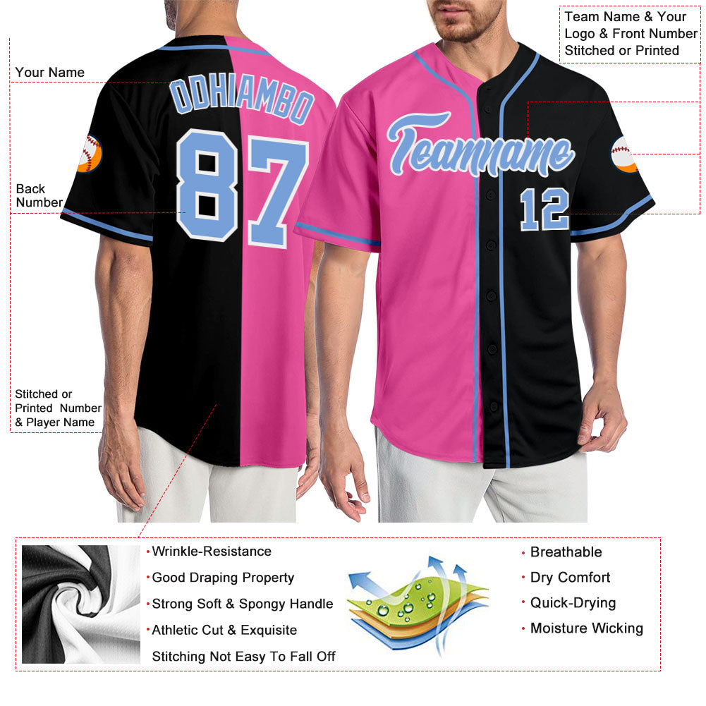 Custom Black Light Blue-Pink Authentic Split Fashion Baseball Jersey view 3