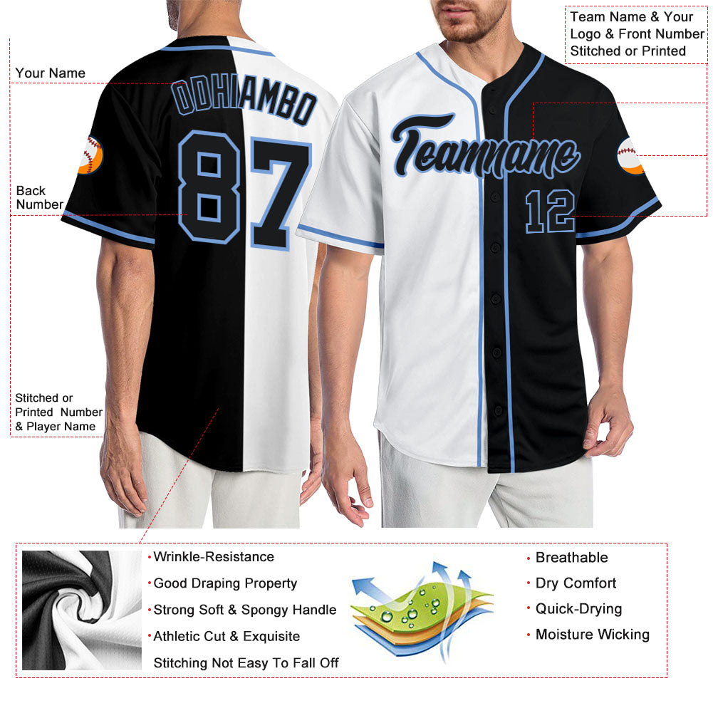 Custom White Black-Light Blue Authentic Split Fashion Baseball Jersey view 3