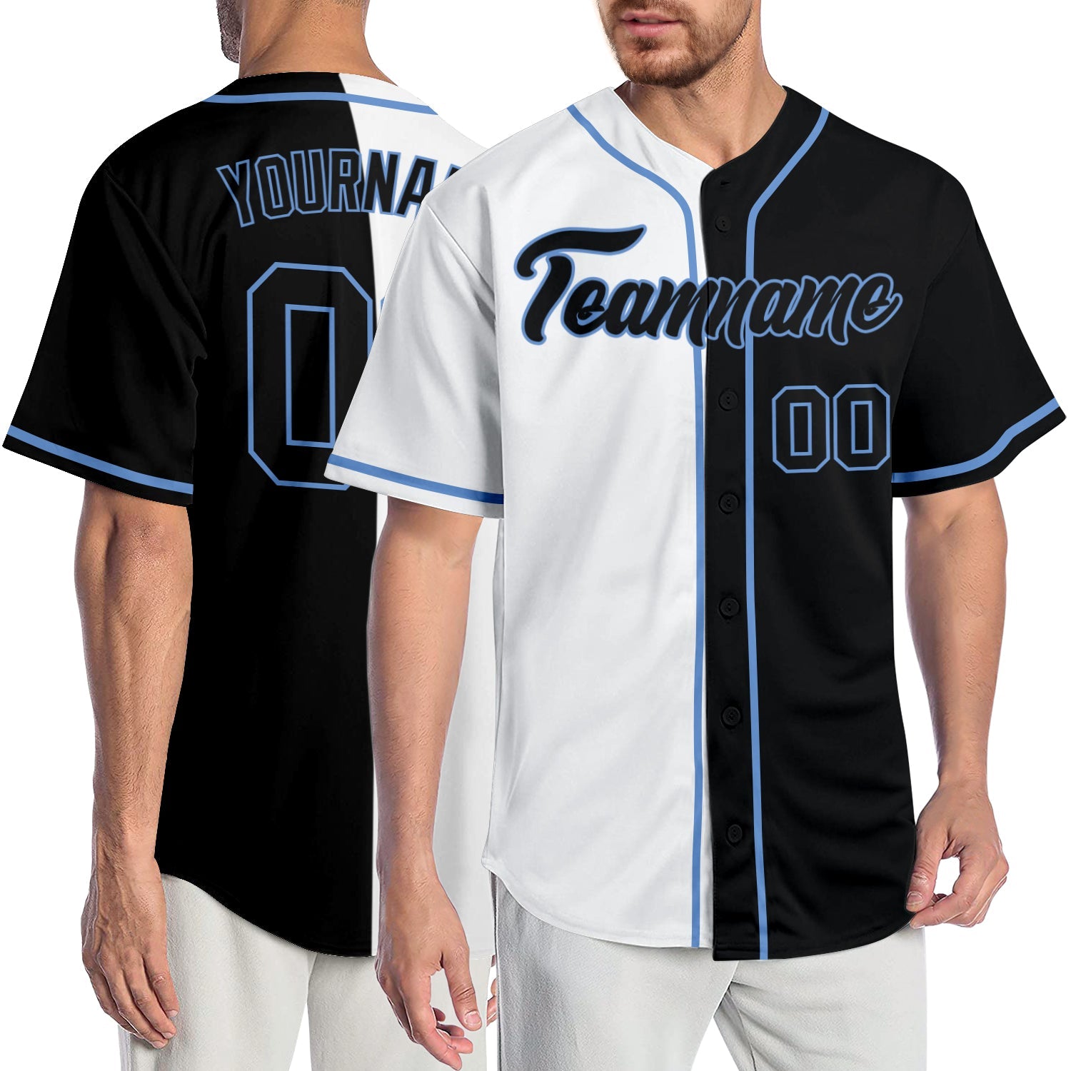 Custom White Black-Light Blue Authentic Split Fashion Baseball Jersey - Main View