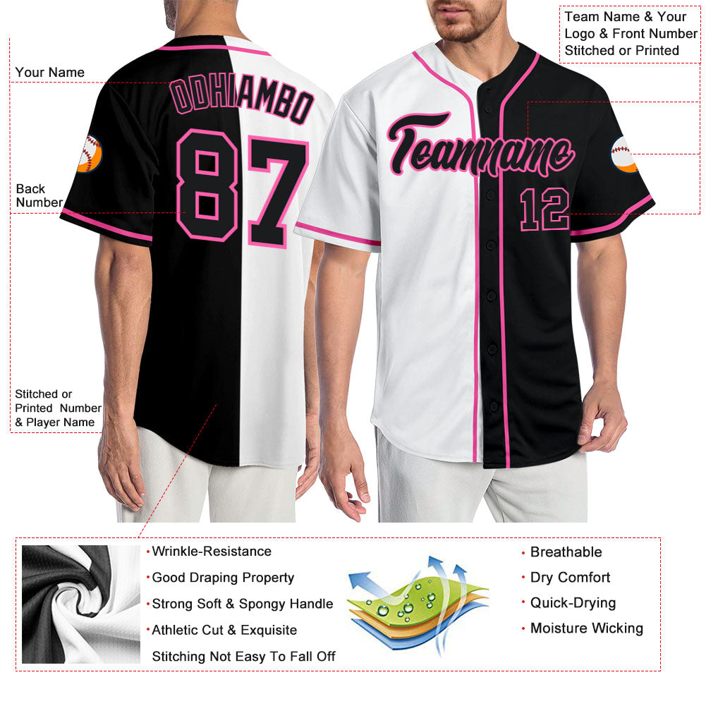 Custom White Black-Pink Authentic Split Fashion Baseball Jersey view 3