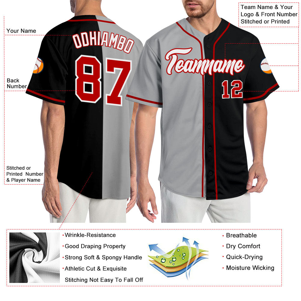 Custom Black Red-Gray Authentic Split Fashion Baseball Jersey view 3