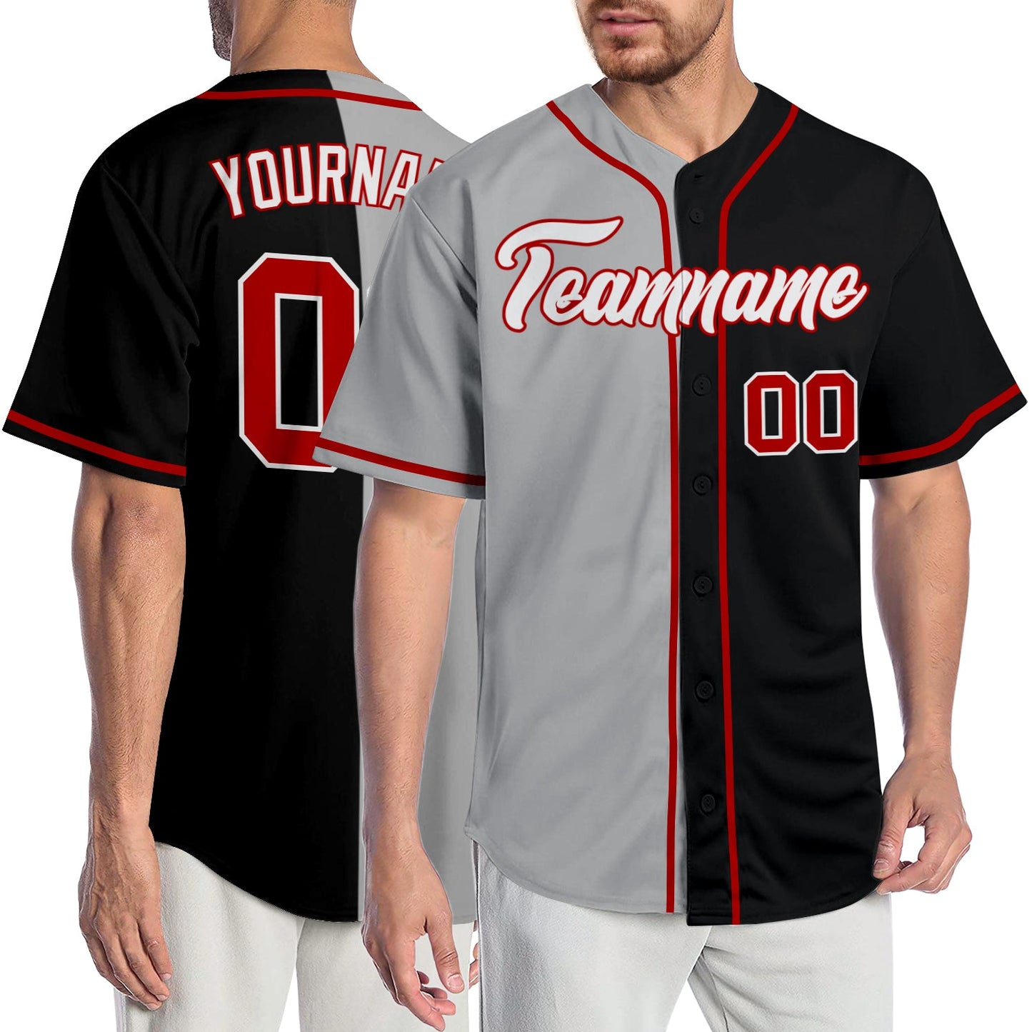 Custom Black Red-Gray Authentic Split Fashion Baseball Jersey - Main View