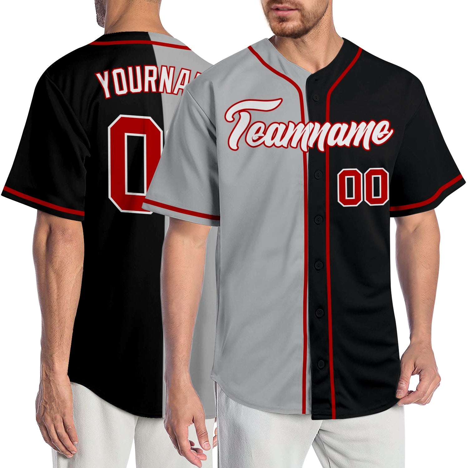Custom Black Red-Gray Authentic Split Fashion Baseball Jersey - Main View