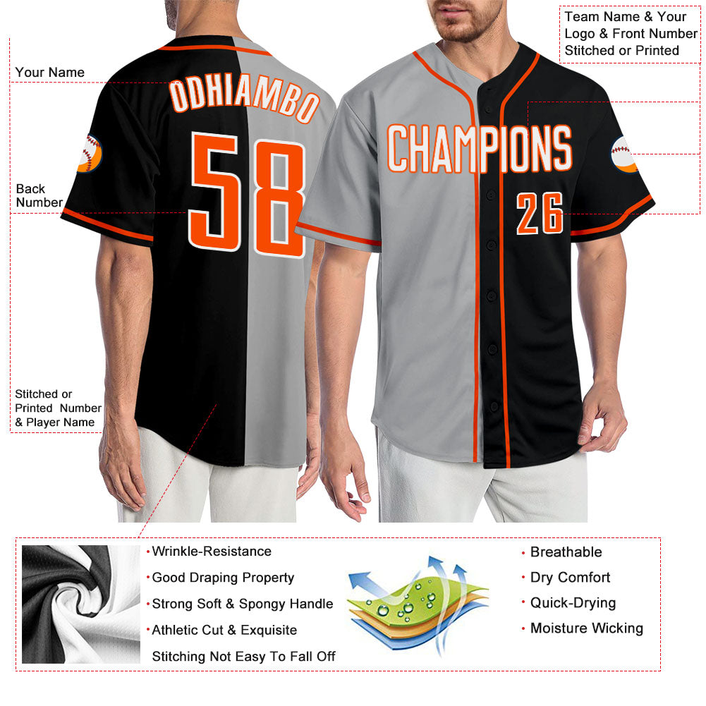 Custom Black White-Gray Authentic Split Fashion Baseball Jersey view 3