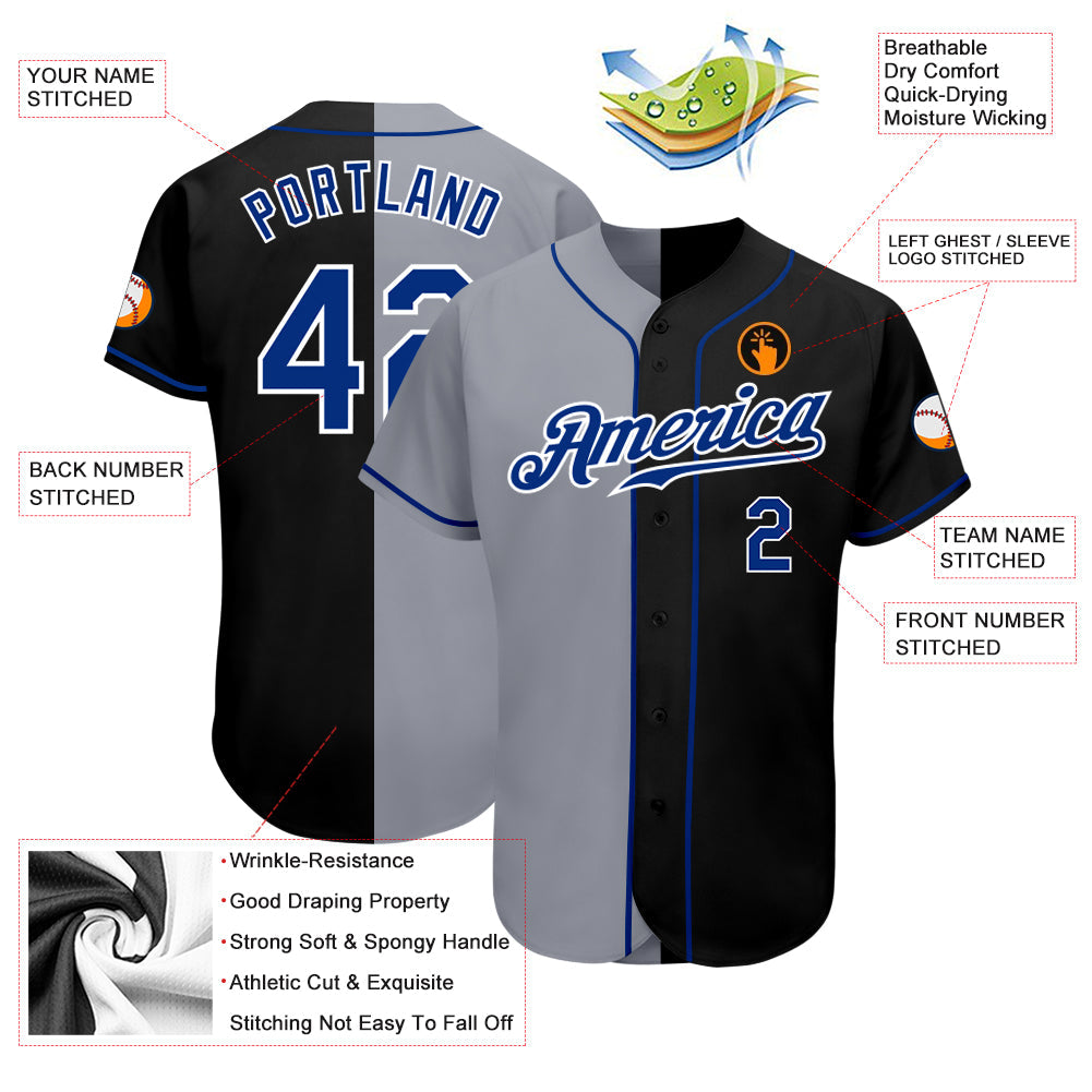 Custom Black Royal-Gray Authentic Split Fashion Baseball Jersey view 3