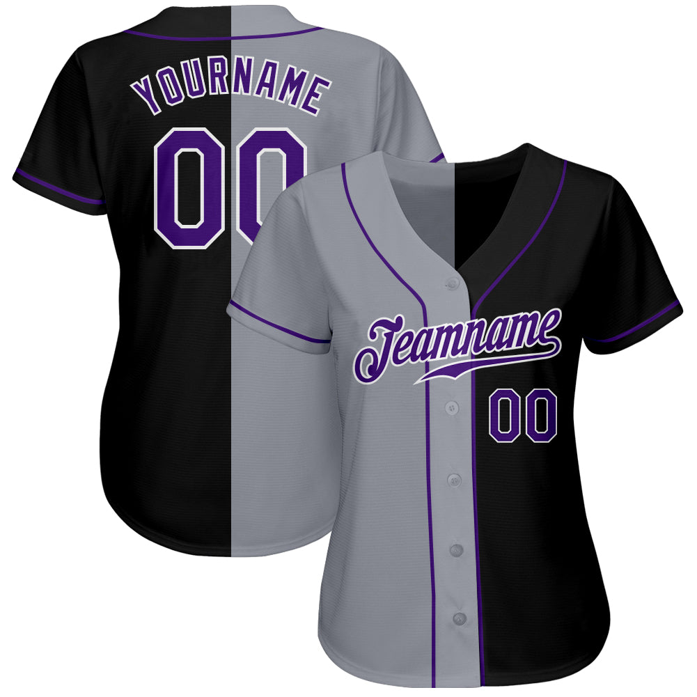 Custom Black Purple-Gray Authentic Split Fashion Baseball Jersey view 3