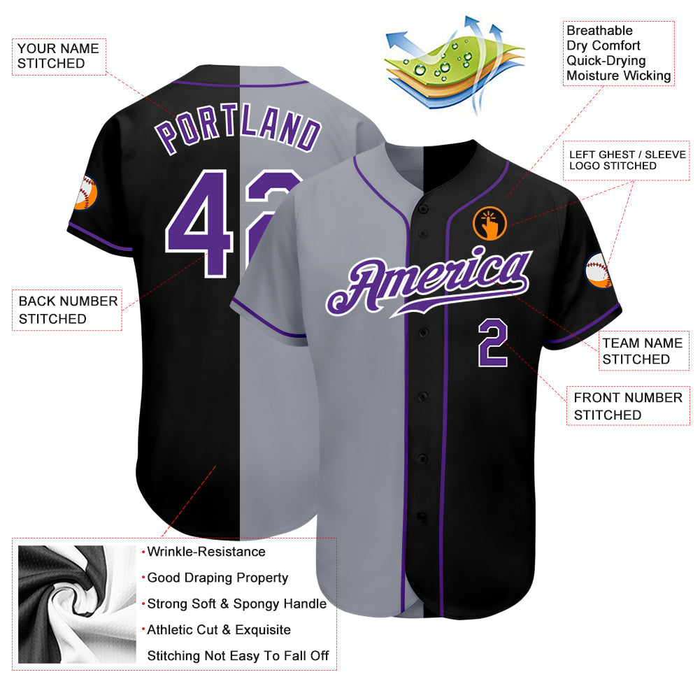 Custom Black Purple-Gray Authentic Split Fashion Baseball Jersey view 4