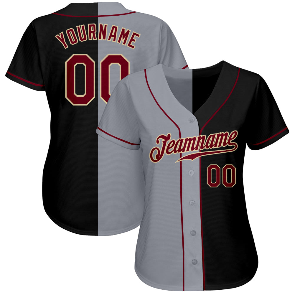 Custom Black Crimson-Gray Authentic Split Fashion Baseball Jersey view 2