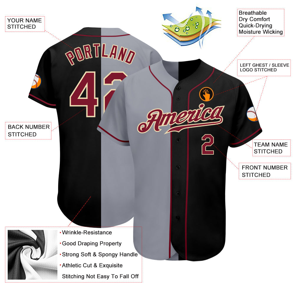 Custom Black Crimson-Gray Authentic Split Fashion Baseball Jersey view 3
