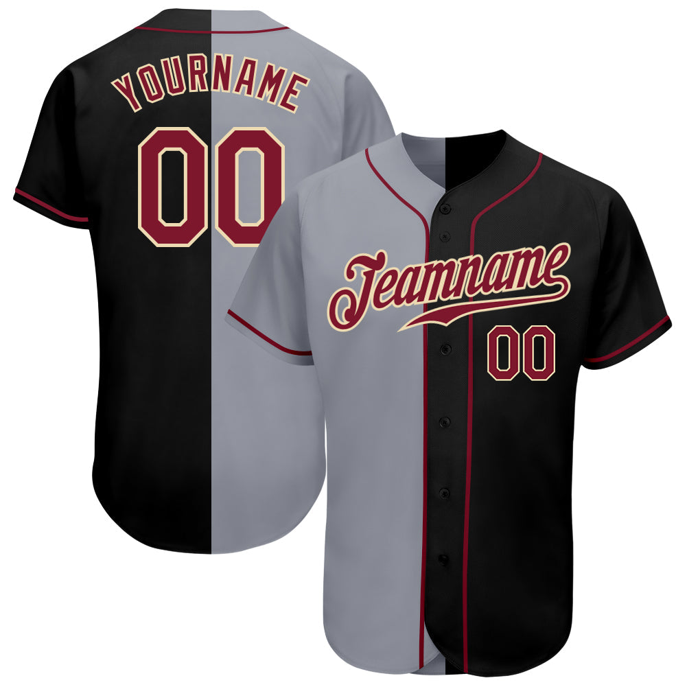 Custom Black Crimson-Gray Authentic Split Fashion Baseball Jersey - Main View