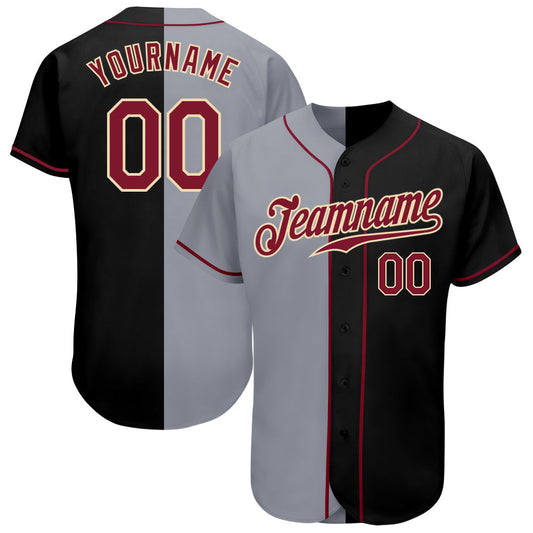 Custom Black Crimson-Gray Authentic Split Fashion Baseball Jersey - Main View