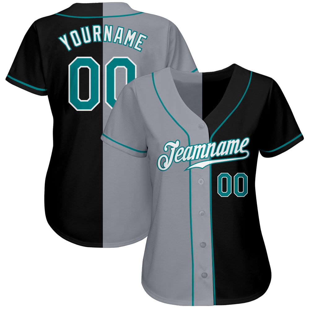 Custom Black Teal-Gray Authentic Split Fashion Baseball Jersey view 2