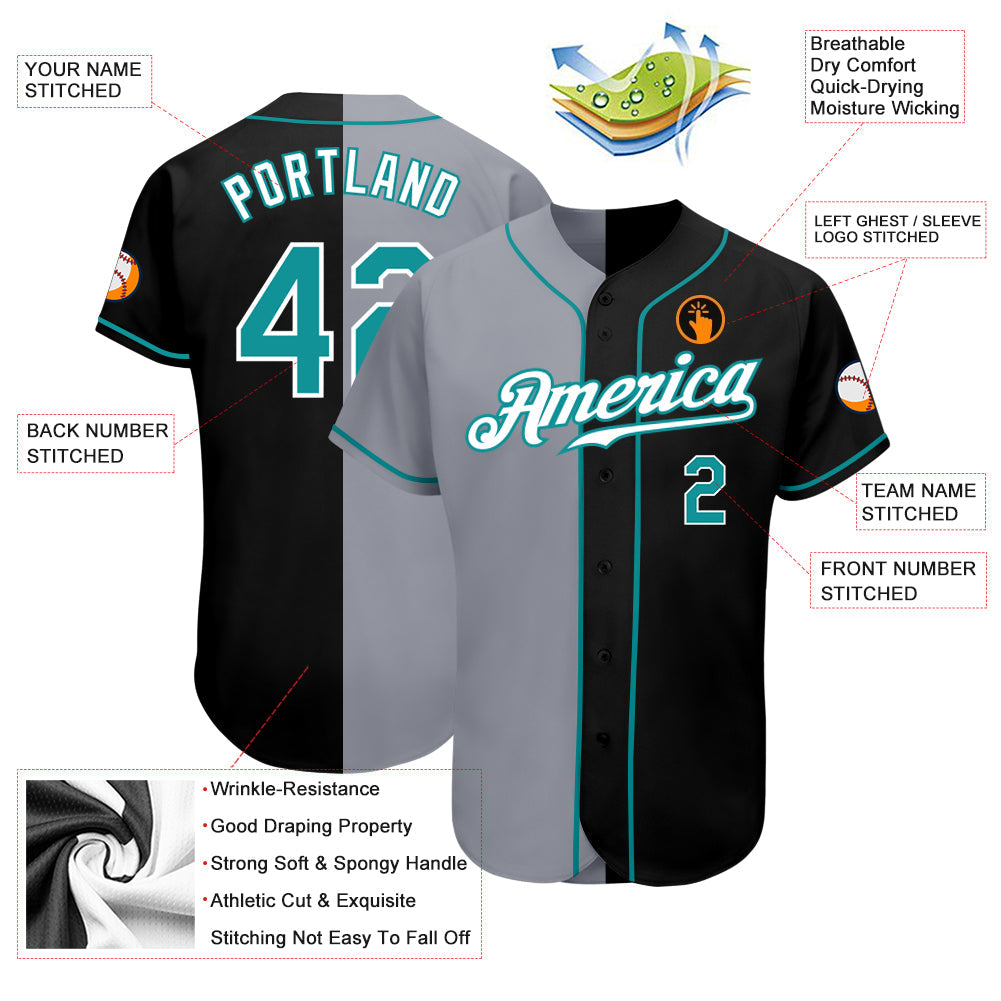 Custom Black Teal-Gray Authentic Split Fashion Baseball Jersey view 3
