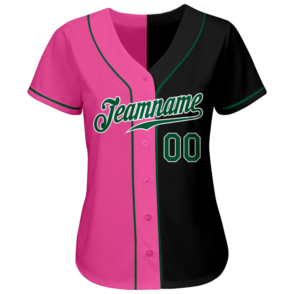 Custom Black Kelly Green-Pink Authentic Split Fashion Baseball Jersey view 2