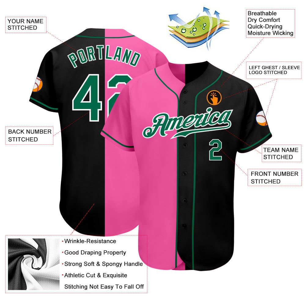 Custom Black Kelly Green-Pink Authentic Split Fashion Baseball Jersey view 3