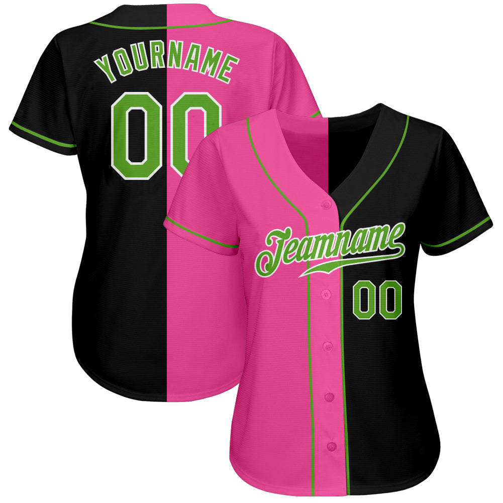 Custom Black Neon Green-Pink Authentic Split Fashion Baseball Jersey view 2