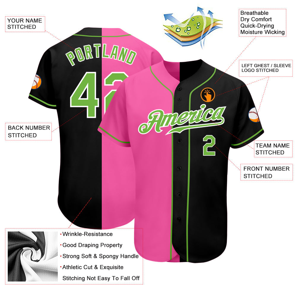 Custom Black Neon Green-Pink Authentic Split Fashion Baseball Jersey view 3
