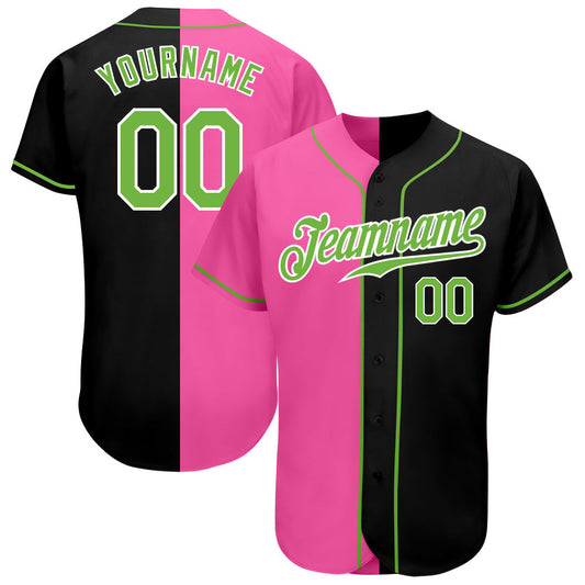 Custom Black Neon Green-Pink Authentic Split Fashion Baseball Jersey - Main View