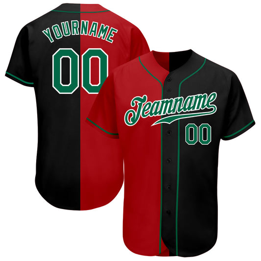 Custom Black Kelly Green-Red Authentic Split Fashion Baseball Jersey - Main View