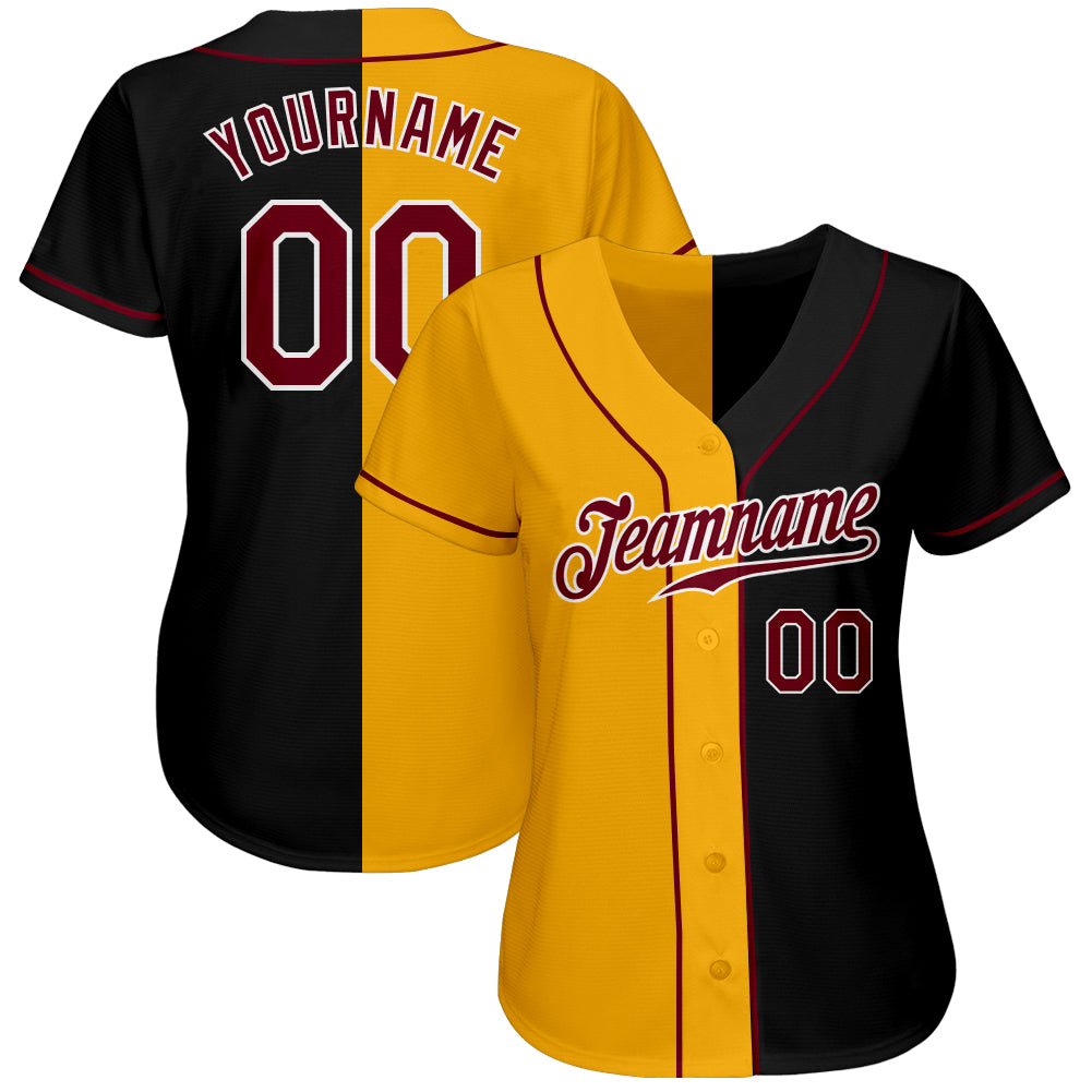 Custom Black Crimson-Yellow Authentic Split Fashion Baseball Jersey view 2