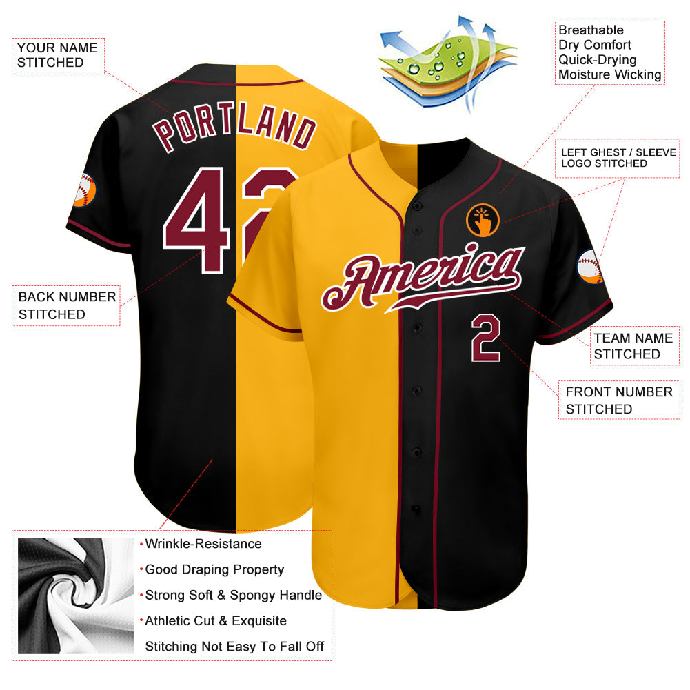 Custom Black Crimson-Yellow Authentic Split Fashion Baseball Jersey view 3