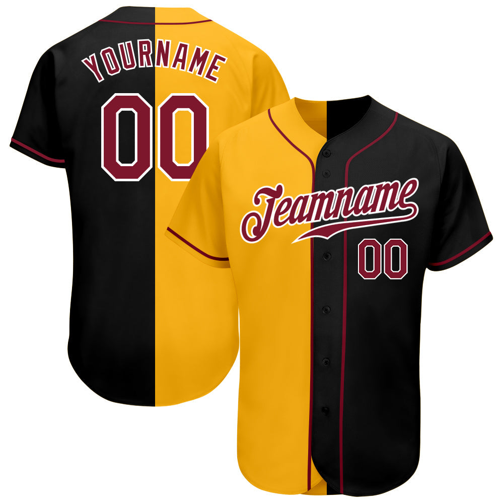Custom Black Crimson-Yellow Authentic Split Fashion Baseball Jersey - Main View