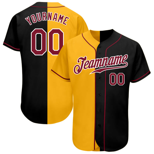 Custom Black Crimson-Yellow Authentic Split Fashion Baseball Jersey - Main View