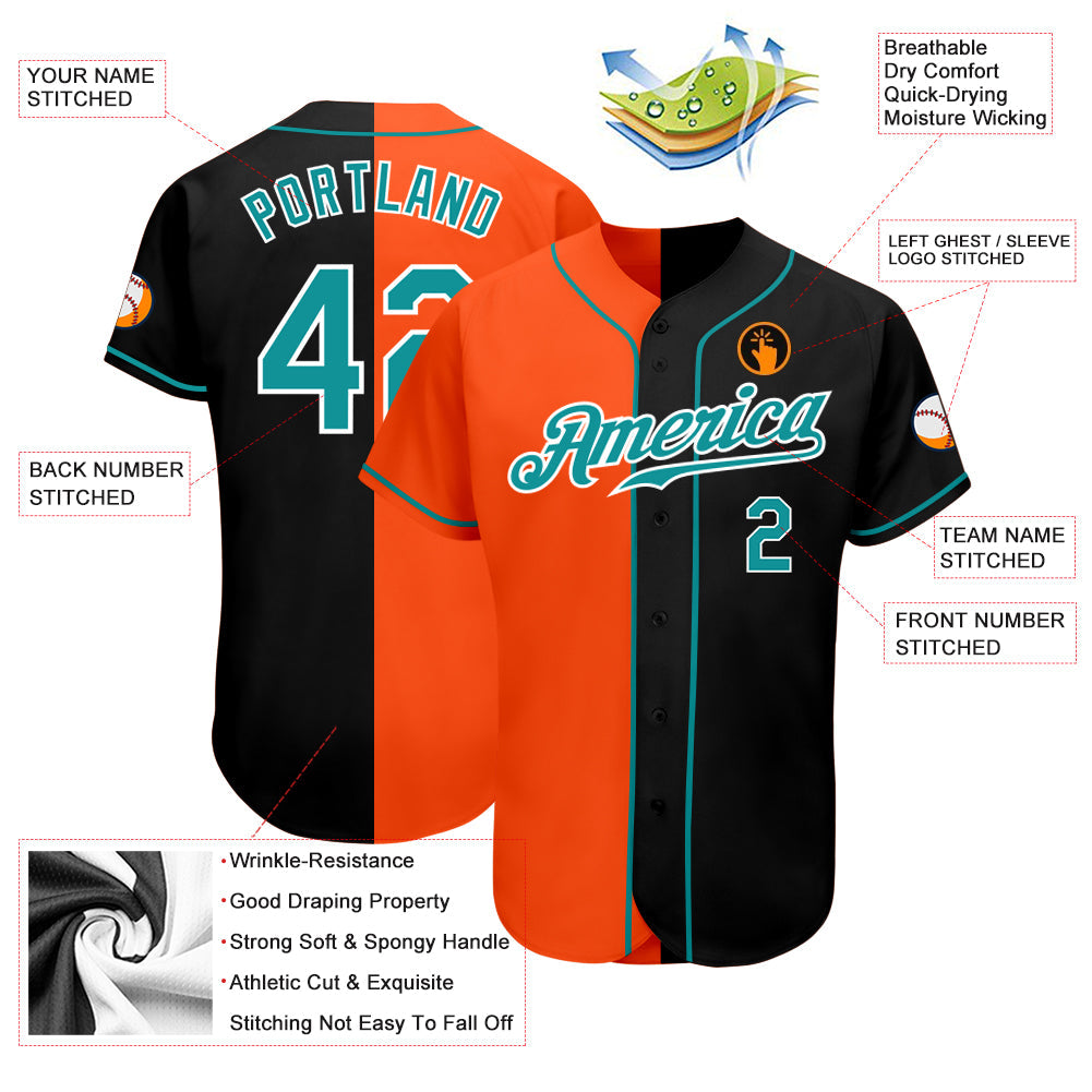 Custom Black Teal-Orange Authentic Split Fashion Baseball Jersey view 3