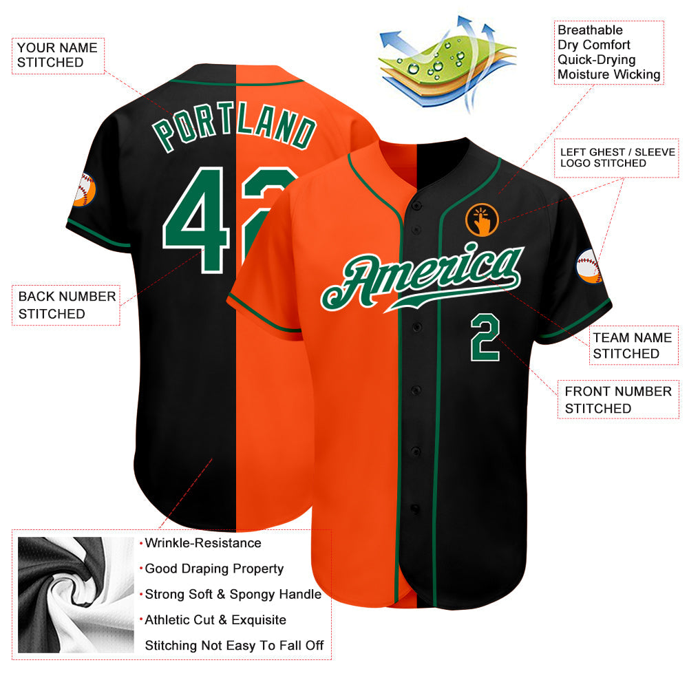 Custom Black Kelly Green-Orange Authentic Split Fashion Baseball Jersey view 3