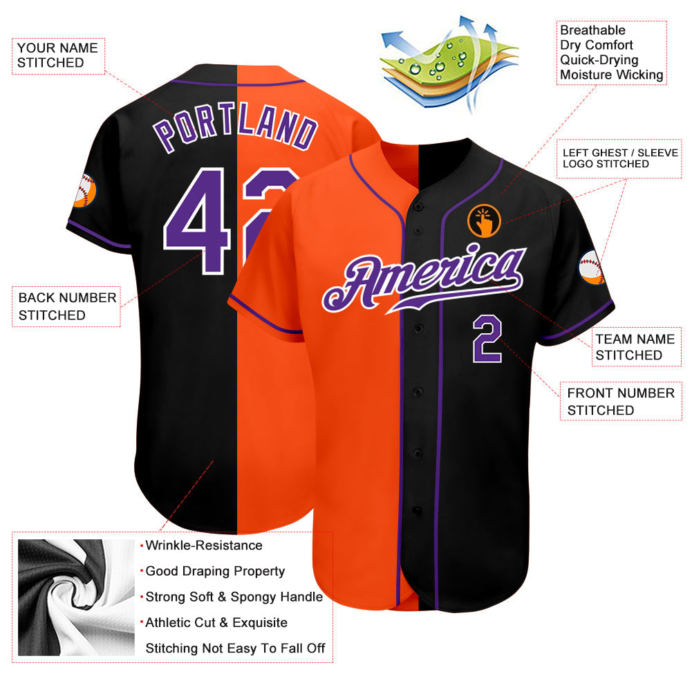 Custom Black Purple-Orange Authentic Split Fashion Baseball Jersey view 3
