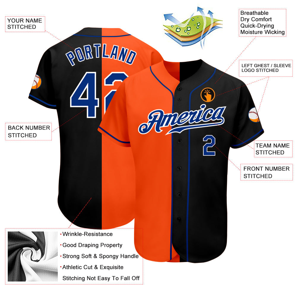 Custom Black Royal-Orange Authentic Split Fashion Baseball Jersey view 3