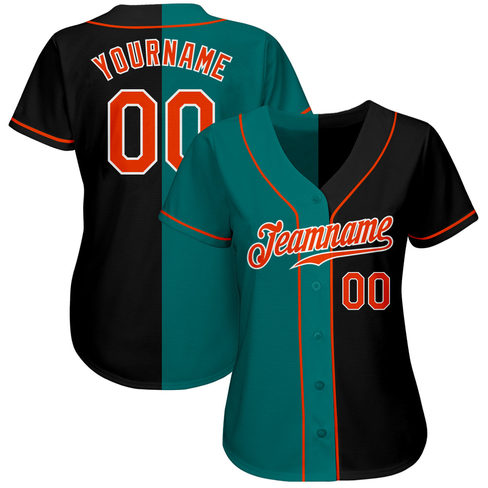 Custom Black Orange-Teal Authentic Split Fashion Baseball Jersey view 2