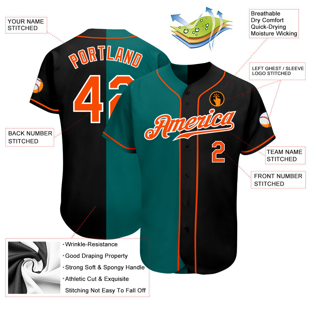 Custom Black Orange-Teal Authentic Split Fashion Baseball Jersey view 3