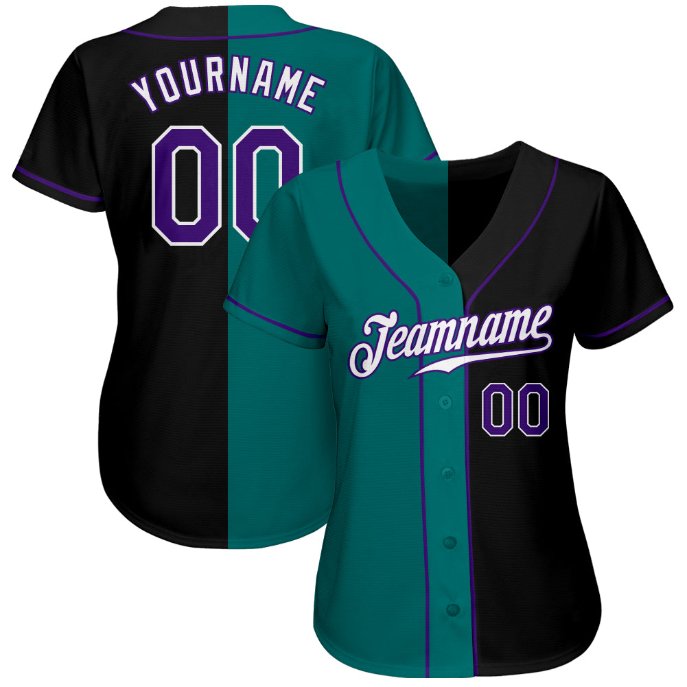 Custom Black Purple-Teal Authentic Split Fashion Baseball Jersey view 2