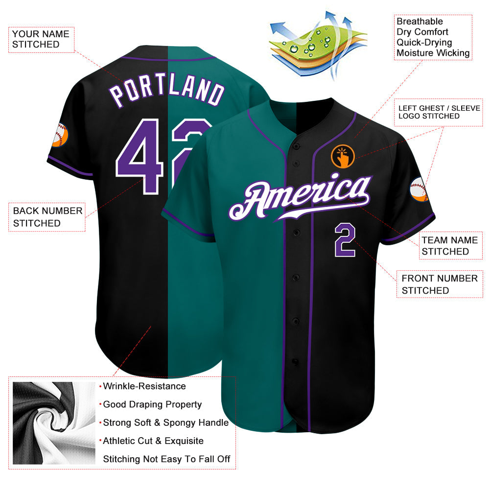 Custom Black Purple-Teal Authentic Split Fashion Baseball Jersey view 3