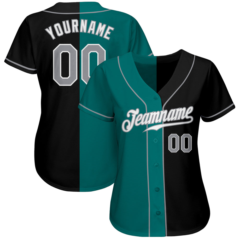 Custom Black Gray-Teal Authentic Split Fashion Baseball Jersey view 2
