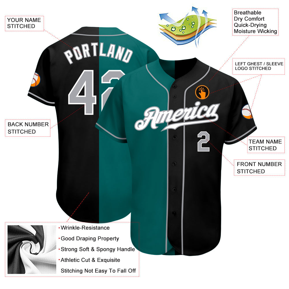 Custom Black Gray-Teal Authentic Split Fashion Baseball Jersey view 3