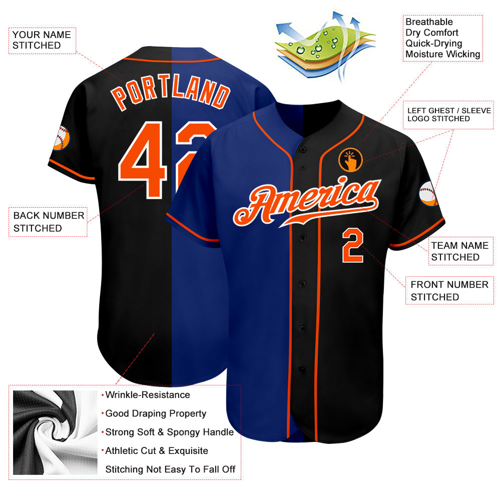 Custom Black Orange-Royal Authentic Split Fashion Baseball Jersey view 3