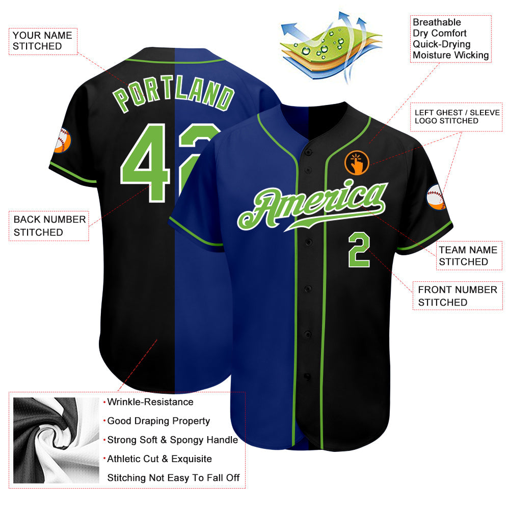 Custom Black Neon Green-Royal Authentic Split Fashion Baseball Jersey view 3