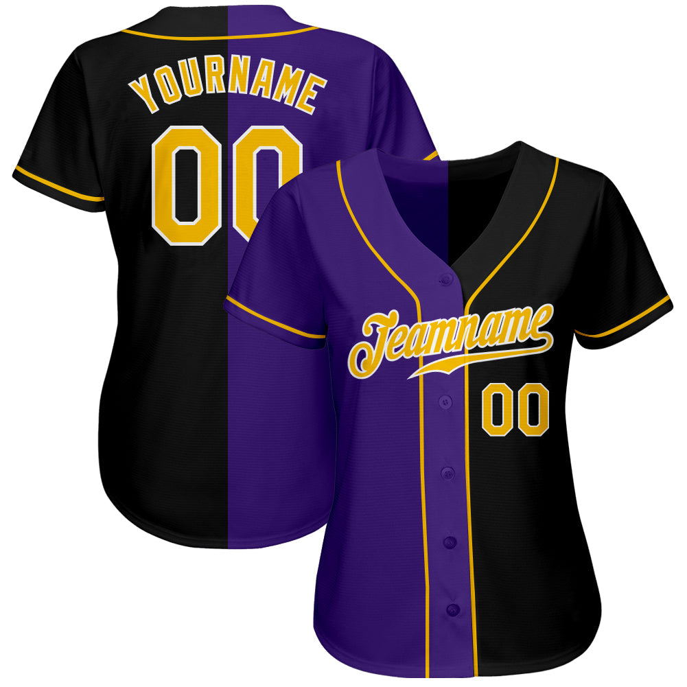 Custom Black Gold-Purple Authentic Split Fashion Baseball Jersey view 2