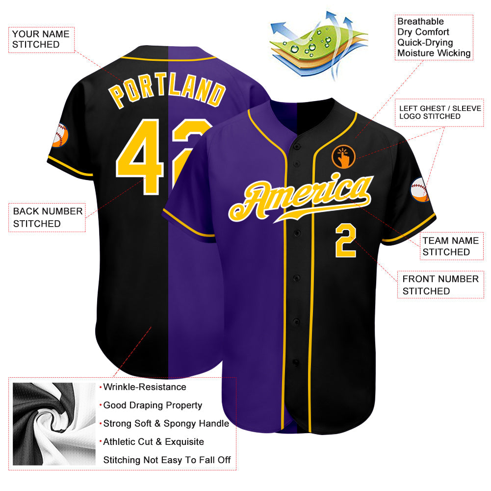 Custom Black Gold-Purple Authentic Split Fashion Baseball Jersey view 3