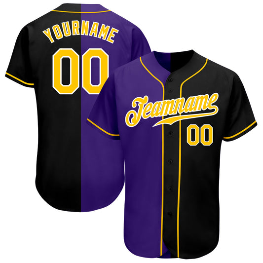 Custom Black Gold-Purple Authentic Split Fashion Baseball Jersey - Main View