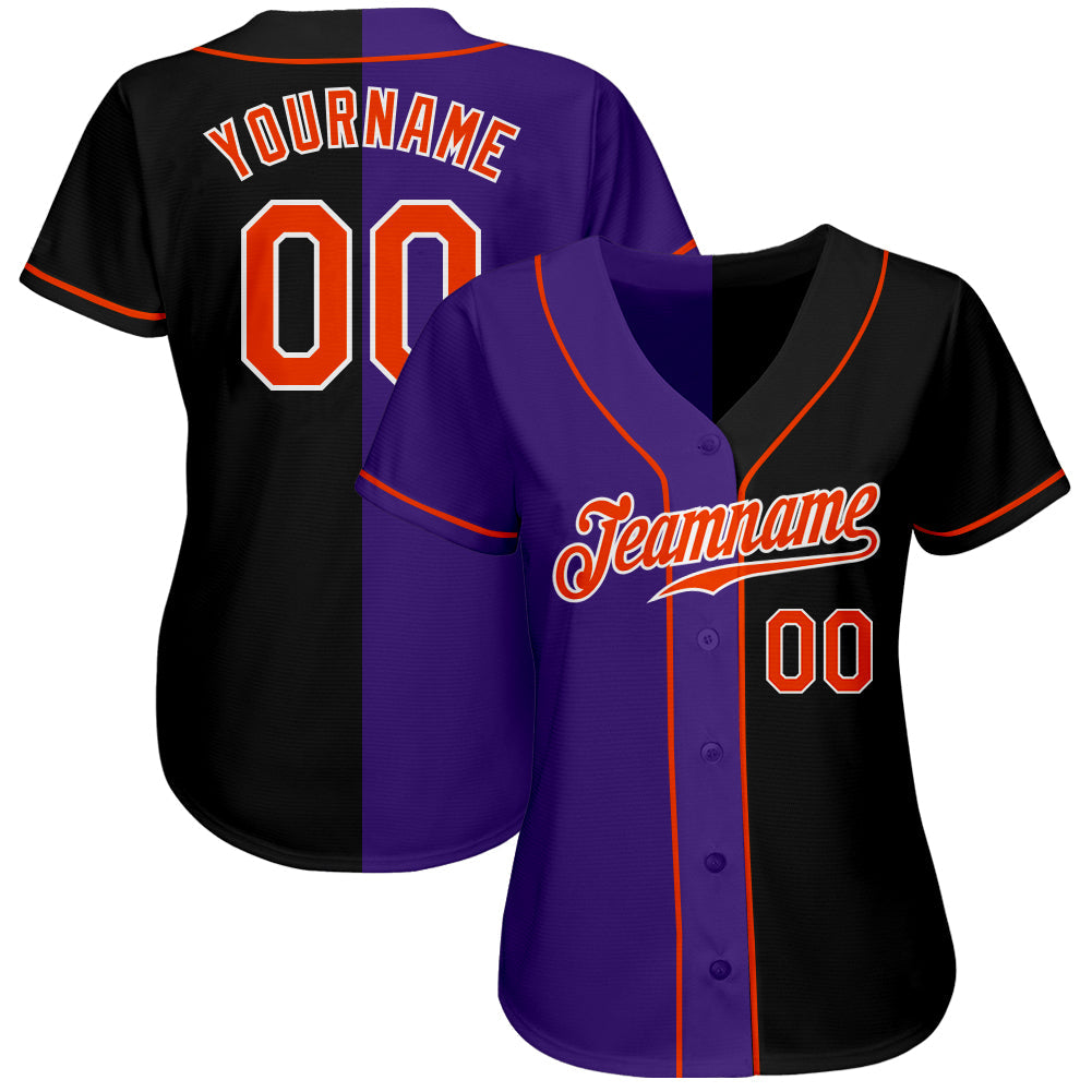 Custom Black Orange-Purple Authentic Split Fashion Baseball Jersey view 2