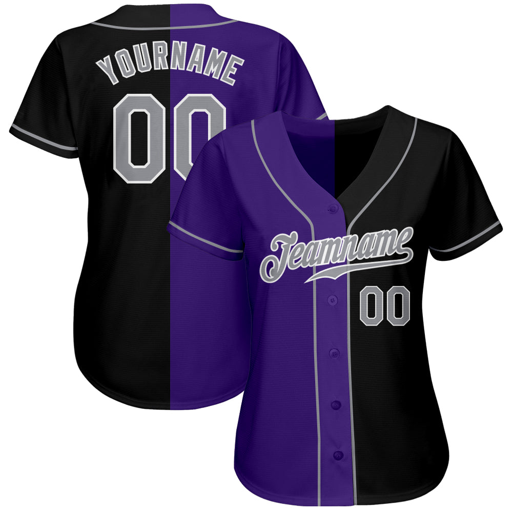Custom Black Gray-Purple Authentic Split Fashion Baseball Jersey view 2