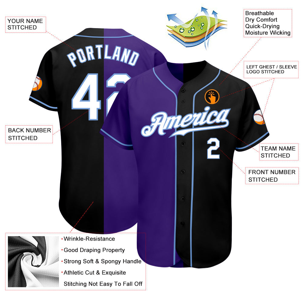 Custom Black White-Purple Authentic Split Fashion Baseball Jersey view 3