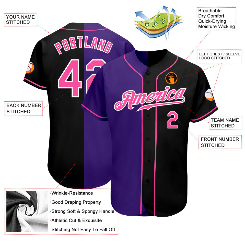 Custom Black Pink-Purple Authentic Split Fashion Baseball Jersey view 3
