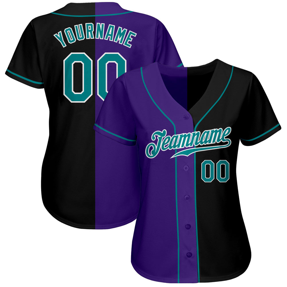 Custom Black Teal-Purple Authentic Split Fashion Baseball Jersey view 2