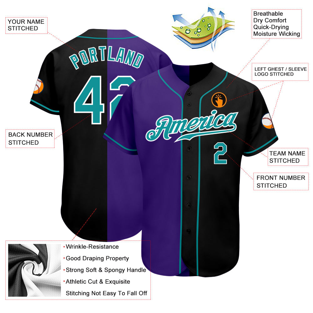 Custom Black Teal-Purple Authentic Split Fashion Baseball Jersey view 3