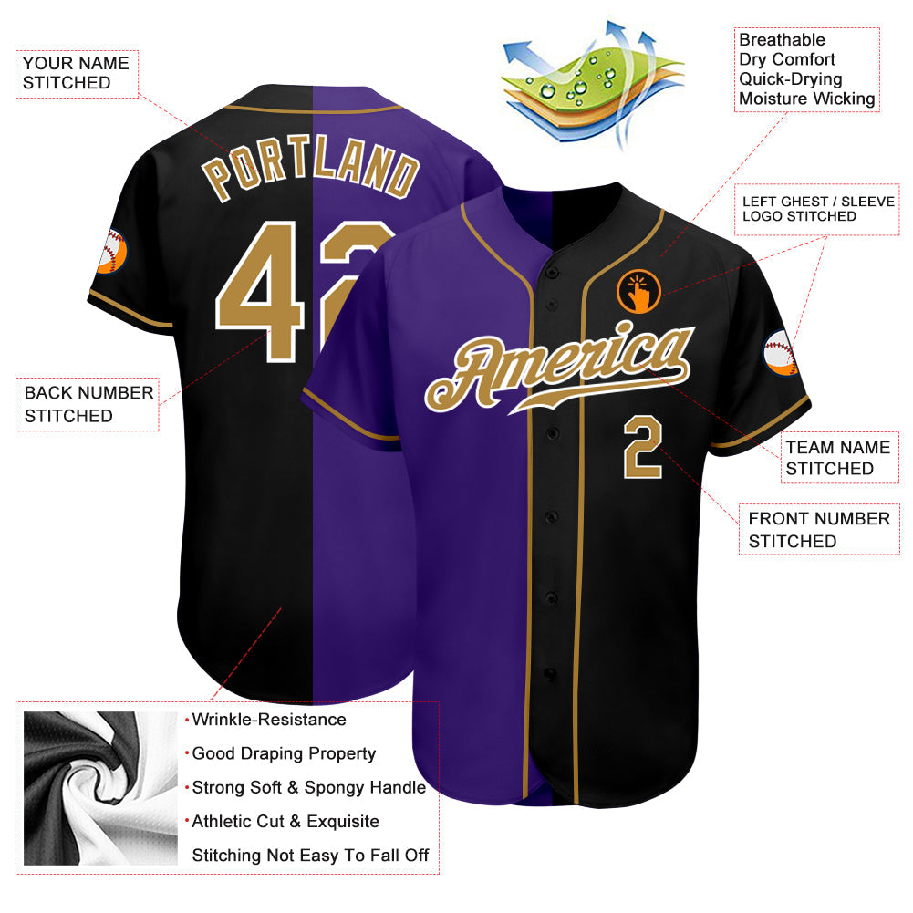 Custom Black Old Gold-Purple Authentic Split Fashion Baseball Jersey view 3