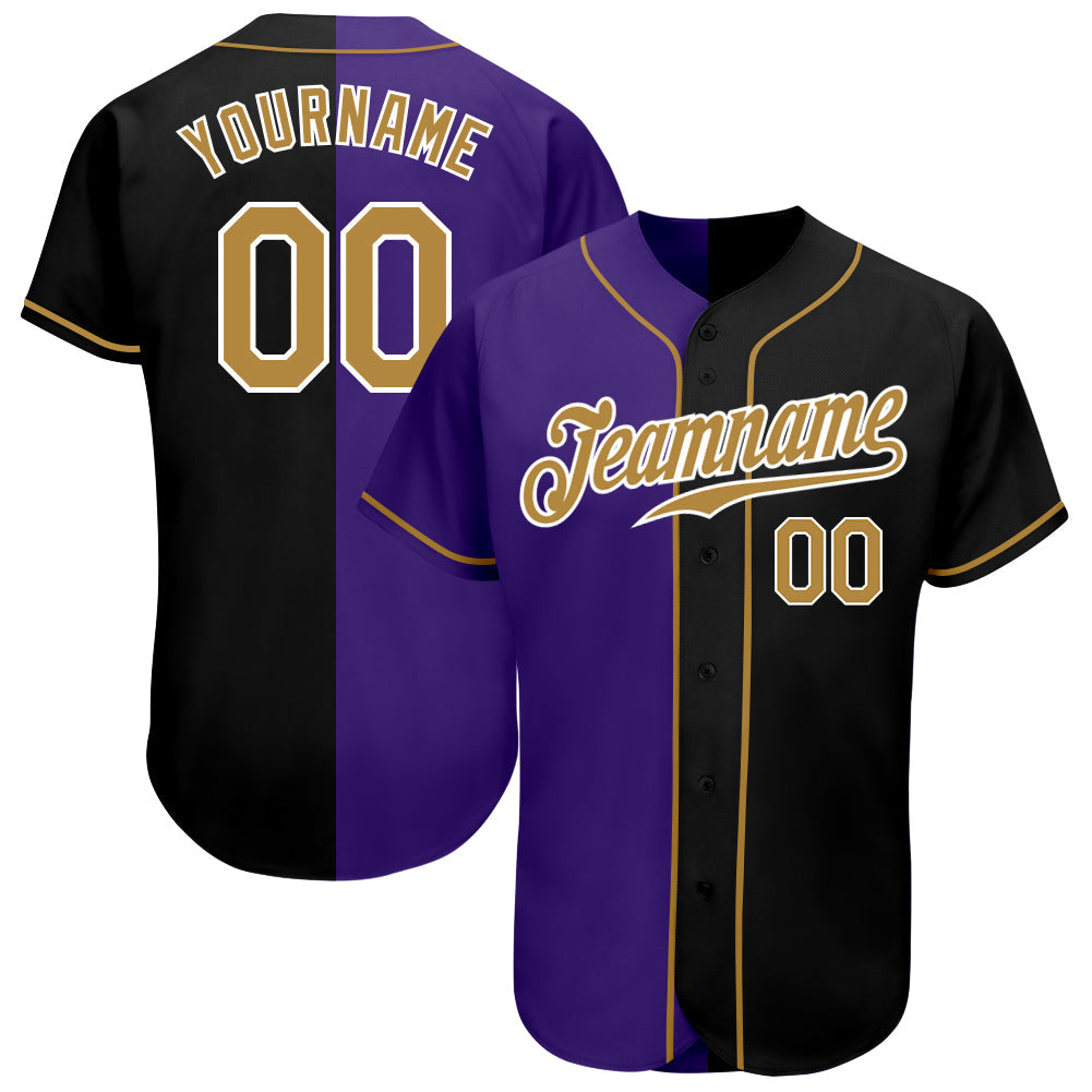 Custom Black Old Gold-Purple Authentic Split Fashion Baseball Jersey - Main View